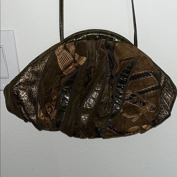 Vintage Brown Leather Patchwork Handbag with strap 80’s clutch or crossbody - Picture 3 of 6